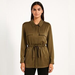 NWT Relative PI Olive Green Silk Cinched Waist Shacket Tunic Size M
